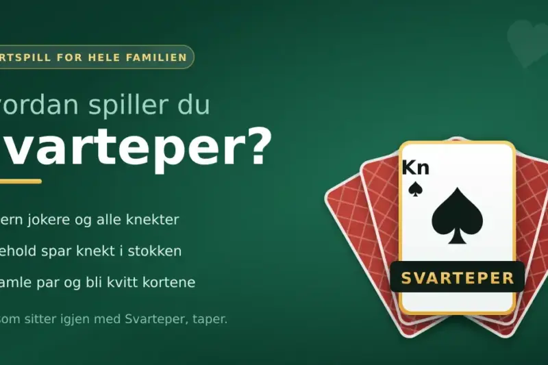 Grafikk med teksten «Hvordan spiller du Svarteper?» ved siden av en vifte med røde kortbakside-kort der spar knekt ligger øverst og er merket «Svarteper».