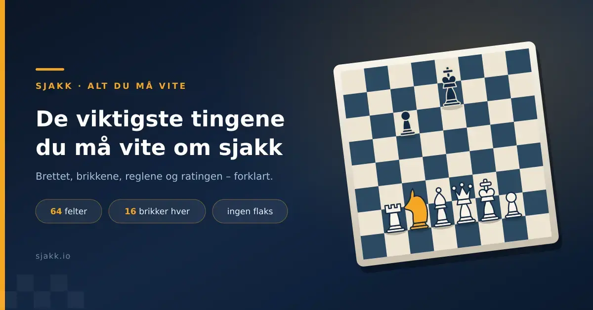 Grafikk med tittelen «De viktigste tingene du må vite om sjakk» ved siden av et sjakkbrett med hvite og svarte brikker, og faktapunktene 64 felter, 16 brikker hver og ingen flaks.