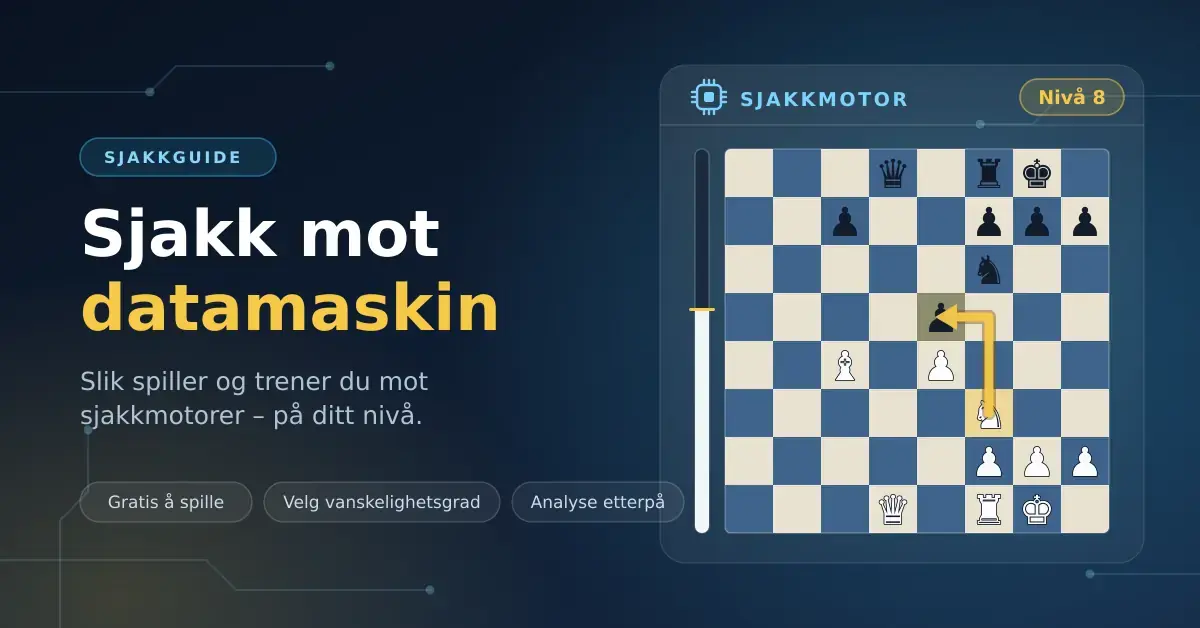 Illustrasjon av et sjakkbrett med en sjakkmotor som foreslår et trekk, ved siden av teksten «Sjakk mot datamaskin».