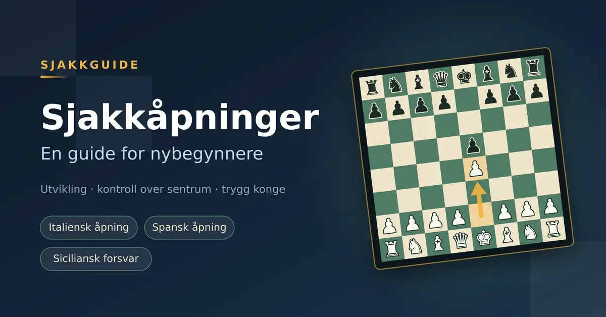 Illustrasjon til artikkel om sjakkåpninger: et sjakkbrett tidlig i partiet der en gul pil viser åpningstrekket e2–e4, ved siden av tittelen «Sjakkåpninger – En guide for nybegynnere».