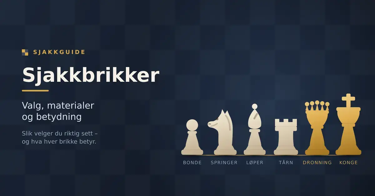 Illustrasjon av de seks sjakkbrikkene bonde, springer, løper, tårn, dronning og konge på rekke mot mørk bakgrunn, ved siden av tittelen «Sjakkbrikker – valg, materialer og betydning».