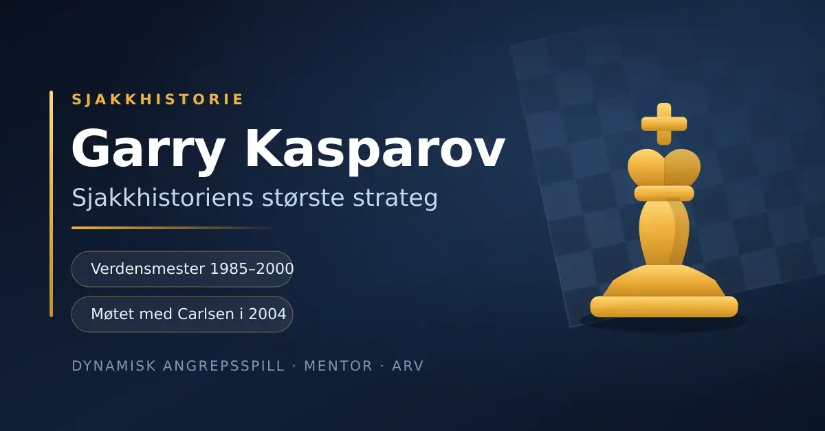 Grafikk med en gyllen sjakk-konge foran et sjakkbrett og teksten «Garry Kasparov – sjakkhistoriens største strateg», med fakta om verdensmestertittelen 1985–2000 og møtet med Carlsen i 2004.