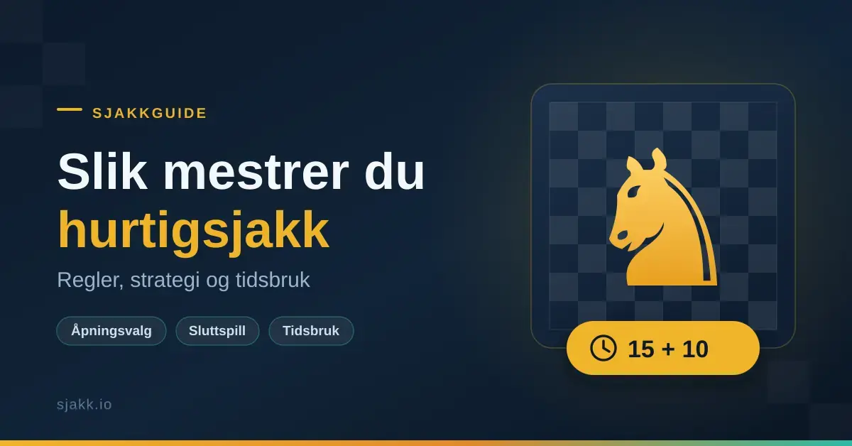 Grafikk med tittelen «Slik mestrer du hurtigsjakk – regler, strategi og tidsbruk», der en gyllen sjakkhest står på et sjakkbrett ved siden av et tidskontrollmerke som viser 15 + 10.