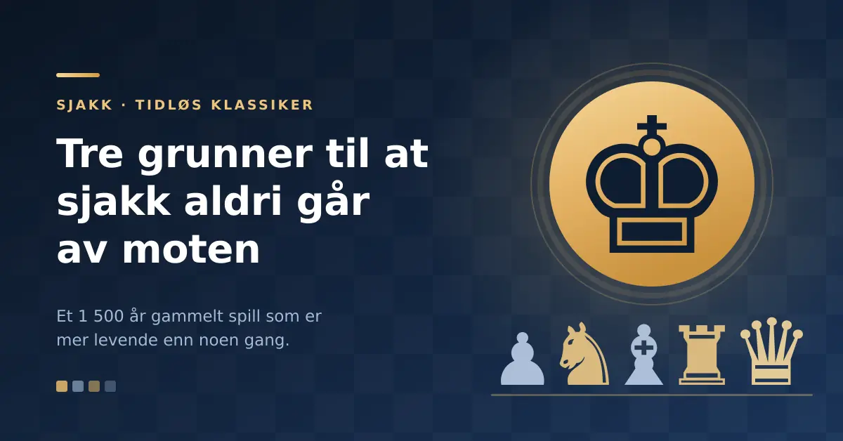 Grafikk med en gyllen sjakkonge i en sirkel og en rekke sjakkbrikker, ved siden av teksten «Tre grunner til at sjakk aldri går av moten».