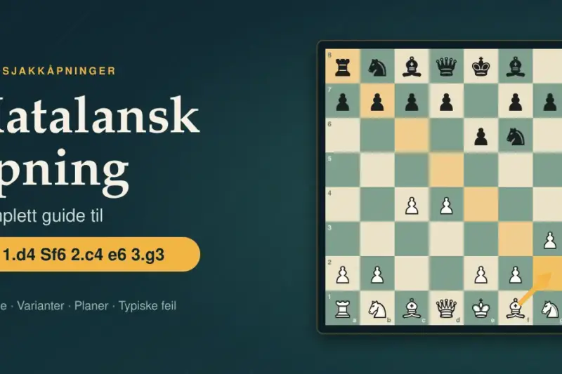 Sjakkbrett med stillingen etter 1.d4 Sf6 2.c4 e6 3.g3 i katalansk åpning, der den lange diagonalen fra h1 til a8 er uthevet og en pil viser løperen på vei fra f1 til g2.