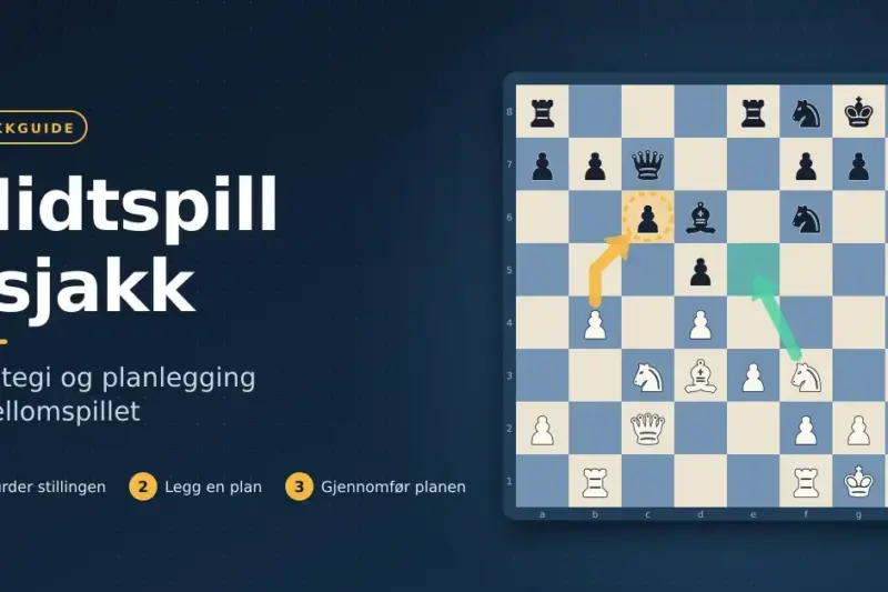 Illustrasjon av et sjakkbrett i midtspillet med piler som viser en strategisk plan, ved siden av teksten «Midtspill i sjakk – strategi og planlegging i mellomspillet».