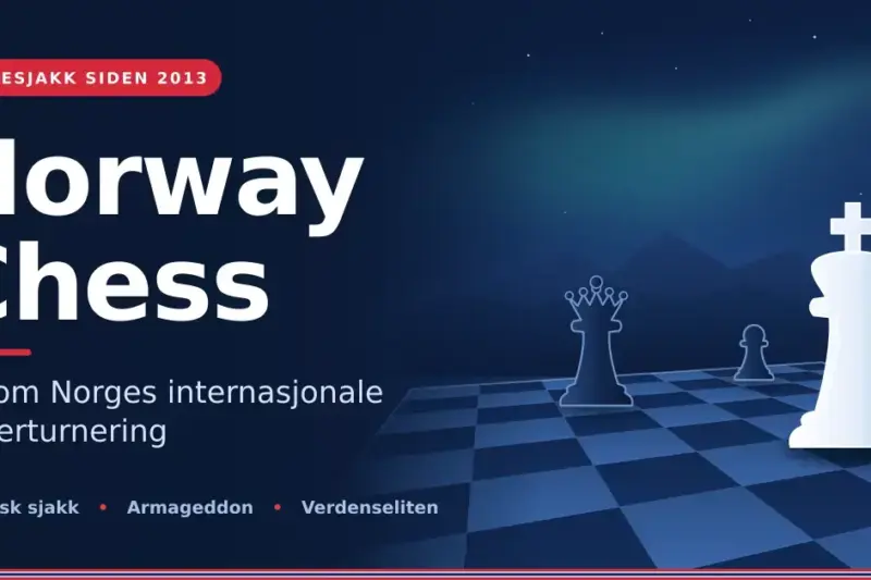 Illustrasjon med teksten «Norway Chess – Alt om Norges internasjonale superturnering» ved siden av et sjakkbrett i perspektiv med en hvit konge, en mørk dronning og en bonde under nordlys og fjell.