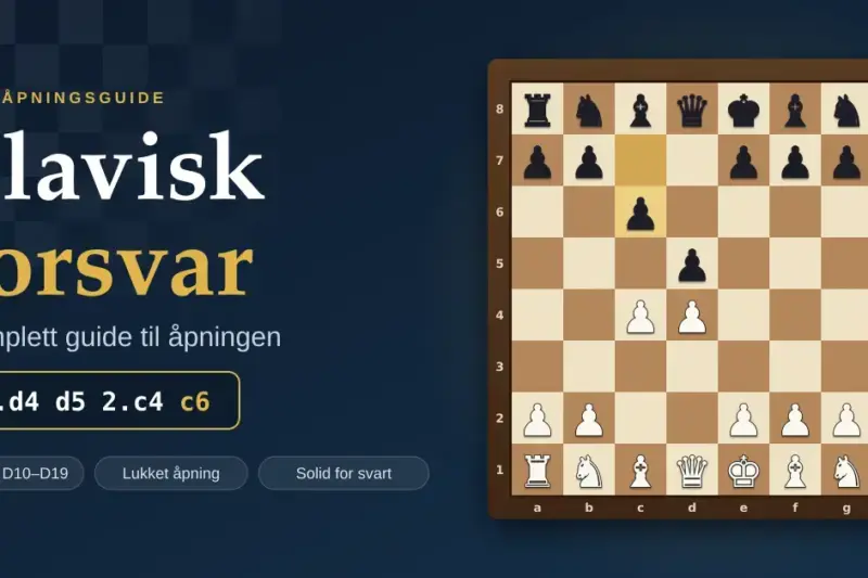 Illustrasjon med teksten «Slavisk forsvar – komplett guide til åpningen» og et sjakkbrett som viser stillingen etter 1.d4 d5 2.c4 c6, med svarts trekk c7–c6 uthevet.